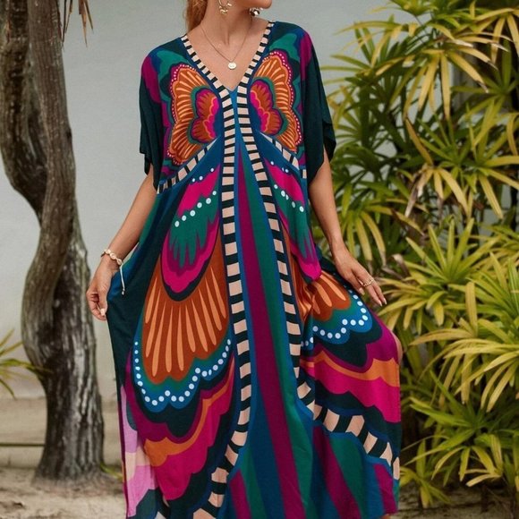 . Dresses & Skirts - Multicolor Preppy Womens Allover Print V Neck Maxi Cover Up Dress